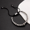 Adjustable black cord bracelet with silver beads and a diamond-paved soccer charm - Football Bracelet Steel Color