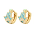 Detail of gold evil eye earrings with sky blue enamel and protective hand symbol - Sky Blue (E750-4)
