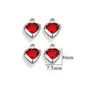 Red crystal heart pendants in silver bezel set of four 8mm x 7.5mm jewelry charms - Single Hole-Red / Steel