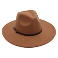 Detail of camel wool felt fedora featuring a black leather belt strap and gold buckle - Khaki (Belt Style)