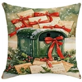 Christmas cushion cover featuring green mailbox and watercolor winter holly pattern - YMD15-25 (Snowy Mailbox)