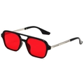 Retro pilot sunglasses featuring black square frames, red lenses, and a double bridge - Black Frame Silver Leg Red Lens