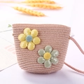 Pink straw woven bucket bag for girls with sequined flower accents and crossbody strap - Sequin 2 Flowers / Pink