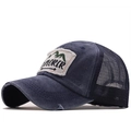 Detail of vintage washed navy cotton baseball cap featuring Explorer patch and mesh back - 06 Navy Blue