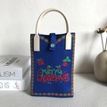 Blue knitted handbag with Merry Christmas pattern and beige handle for women - Christmas Letter Royal Blue & Green
