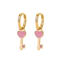 S925 Silver Needle Golden Hoop Earrings with Pink Heart-Shaped Key Pendants - Heart Key Pendant / Pink Gold