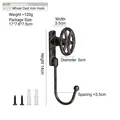 Retro cast iron wheel wall hook in dark bronze with hardware and dimensions shown - Water Valve Cast Iron Hook 6039