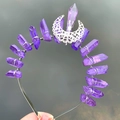 Close-up of handmade crown headband with purple crystal quartz and silver moon charm - Light Purple
