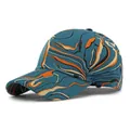 Classic baseball cap with abstract marble print in blue, orange, and beige on white background - Adjustable / Dark Blue