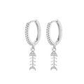 Silver hoop earrings with fishbone pendant featuring micro-pave white zircon crystals - Silver Fish Bone
