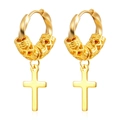 Close-up of golden stainless steel cross earrings with engraved cylindrical texture - Twisted Dragon Pattern Cross Gold MS-653