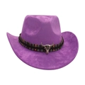 Purple western cowboy fedora hat with ethnic woven band and silver bull skull ornament - Purple