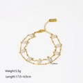 Double-layer gold chain bracelet with irregular natural pearls and measurement details - Double Layer Pearl Style / Gold