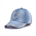 Light blue denim baseball cap with rhinestone diamond pattern and studded brim detail - 37-Diamond Shape-Medium Blue