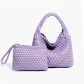 Lilac purple woven tote bag set with matching zipper pouch in intricate weave pattern - Pink Purple