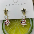Christmas tree earrings with black smiley star and colorful dots on white enamel - Pentagram Christmas Studs
