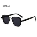 Detailed view of square steampunk sunglasses featuring unique metal spring screw temples - Black Frame Grey Lens
