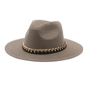 Detailed macro view of brown straw panama hat with gold chain and black leather band - Adjustable / Coffee
