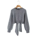 Sexy grey backless knit sweater with cable knit pattern and long self-tie bow design - S / Gray