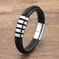 Pulsera de cuero trenzado negro con rayas de metal plateado y cierre magnético - 19cm / Plateado