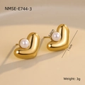 Macro detail of heart-shaped pearl earrings with size dimensions and 18K gold finish - Heart Pearl Studs (NMSE-E744-3)