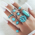 9-piece vintage bohemian ring set with turquoise stones and silver feather details - 9-Piece Bohemian Turquoise