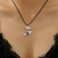 Gothic silver moon pendant necklace with stitch detail on black cord for women - Antique Silver Black Stitch Crescent Cord Style (1366)