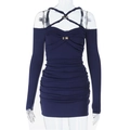 Close-up of navy blue pleated dress featuring criss-cross halter neck and metal ring detail - S / Navy Blue