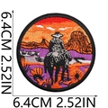 Detail of circular cowboy embroidery patch with sunset horse rider and 6.4cm dimension label - No.37 Cowboy Riding Sunset