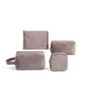 Velvet 4-piece makeup bag set in khaki with gold embroidery and zipper closure - Four-Piece Set / Khaki