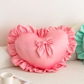 Pink heart-shaped satin pillow case with bow and ruffle edge on a sofa - Pink Heart+Bow Ruffle Pillowcase (Cover Only) / 40*50cm Ruffle 5-6cm