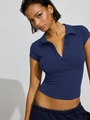 Navy blue slim fit women's polo shirt with short sleeves and button collar design - S / Navy Blue