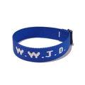 Detail view of blue woven WWJD bracelet featuring white jacquard text and black adjuster - Dark Blue Printed
