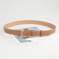 Women's light brown leather belt with white stitching and triple gold ring buckle - Khaki