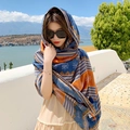 Bohemian style long oversized scarf in dark blue and orange with tribal patterns - Style B33