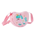 Detailed view of pink plush heart bag with unicorn embroidery and bow decoration - Pure Pink