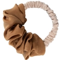 Brown and beige silk satin hair scrunchie for heatless curls and buns on white background - Brown