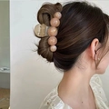 Elegant peach orange pearl hair claw clip for women in a sophisticated hair bun style - Apricot with Light Pink