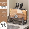 Gunmetal grey multifunctional kitchen knife rack with cutting board and lid organizer - Multifunctional All-in-One Knife Rack-Gun Grey (Free Hooks*2)
