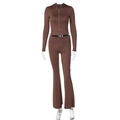 Detail view of brown two-piece set featuring a zip-up hoodie and high-waisted flared pants - XS / Brown