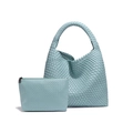 Light blue hand-woven leather tote bag and matching pouch in a two-piece set - Light Blue