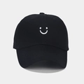 Classic black cotton baseball cap with white smiley face embroidery and curved brim - Adjustable / Black