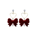 Burgundy velvet bow earrings with gold heart frame, zircon stud, and pearl drop charm - E2538-4 Heart Frame Pearl Bow Style