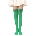 Detail of bright green over-knee socks featuring cute plush bear patches and knit texture - Green Socks with Sequin Bear Head Patch