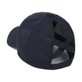 Detail view of the breathable mesh back and criss-cross ponytail opening on this navy cap - Navy Blue