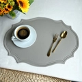 Elegant gray oval faux leather placemat with scallop edges and luxury gold cutlery - Light Grey Faux Leather Vintage Oval
