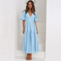 Sky blue deep V-neck maxi dress with puff sleeves and high waist pleated details - S / Sky Blue