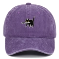 Macro view of black cat embroidery holding a knife on purple washed cotton baseball cap - Adjustable / Purple
