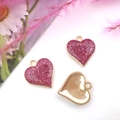 Pink glitter enamel heart pendant charms with gold metal plating for DIY jewelry making - Pink