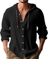 Close-up of black cotton linen hooded shirt showing button placket and fabric texture - S / Top (Long Sleeve) / Black